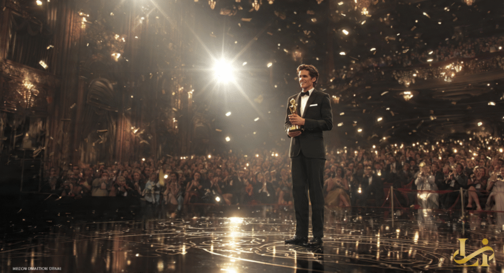 A photo of the actor holding a Golden Globe Award while standing at a podium.
He is giving an acceptance speech, appearing both humbled and joyful under the stage lights.