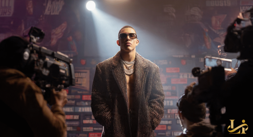 A dramatic portrait of Bad Bunny wearing sunglasses and a textured coat, standing under a bright spotlight.