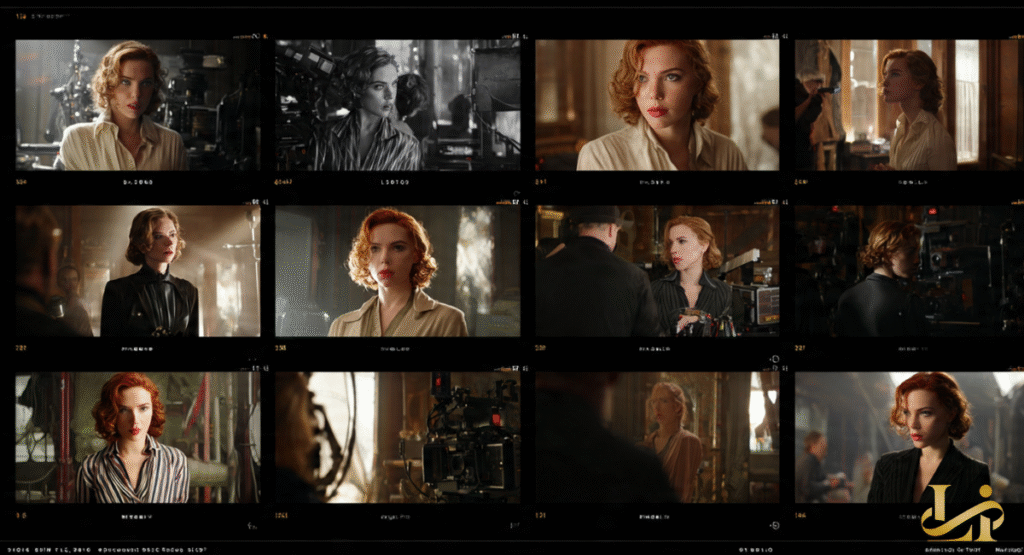 A contact sheet displaying multiple scenes featuring a woman with short red hair. She is shown in different outfits and expressions, some in color, some black and white.