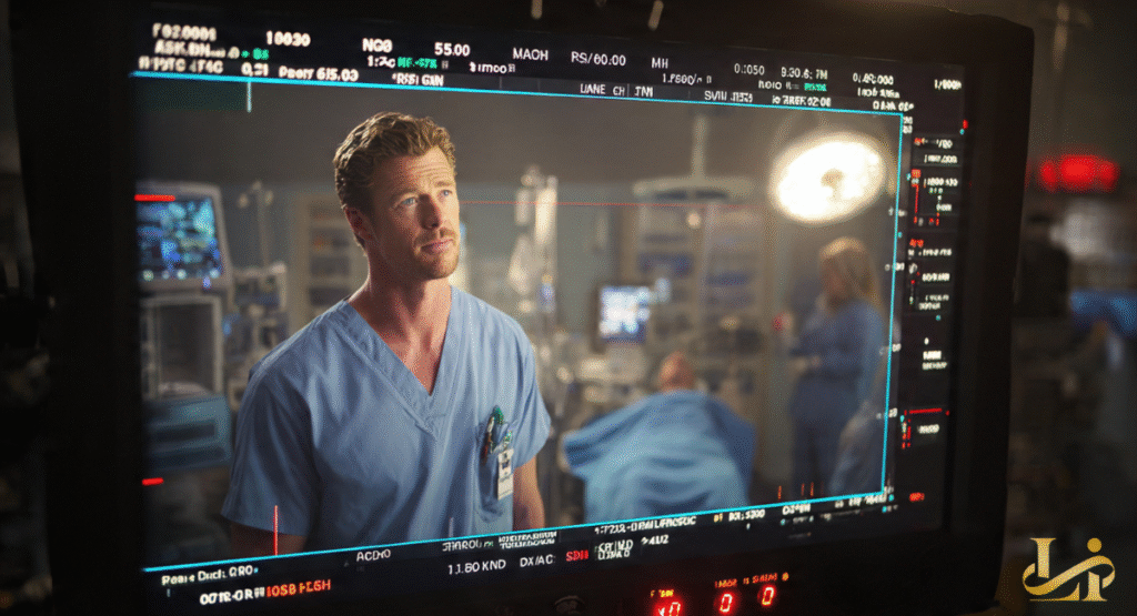A production monitor displays Eric Dane, known for his role as Dr. Mark Sloan, looking intensely on a hospital set, wearing blue medical scrubs. This shot highlights his compelling presence in medical dramas.