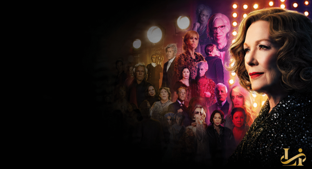 A vibrant collage featuring a prominent portrait of a woman with wavy hair and red lipstick on the right, surrounded by a montage of her various characters and costars under stage lights.
