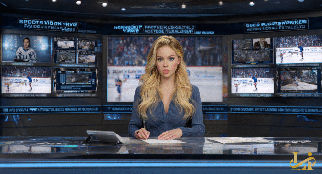 A professional commentator with blonde hair sits at a high-tech news desk surrounded by monitors. The screens in the background display various live skating events and sports data.