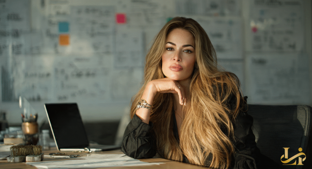A professional woman with long blonde hair leans forward at a desk, resting her chin on her hand. Behind her is a blurred glass wall covered in charts and sticky notes.
