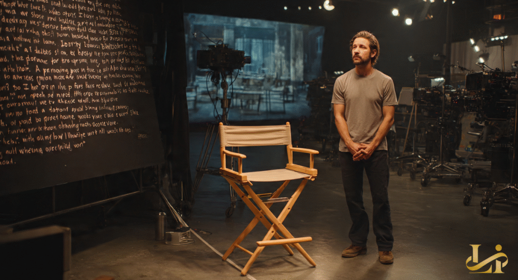 A man standing on a film set next to a director's chair, looking contemplative with stage lights overhead. The background shows complex camera equipment and a large dark wall with writing, suggesting a period of reflection.