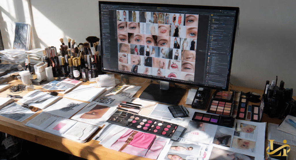A detailed desktop setup for creative work, with a large computer monitor displaying numerous close-up images of eyes and lips. The desk is cluttered with makeup, brushes, sketches, and reference materials, indicating a focus on beauty and fashion.