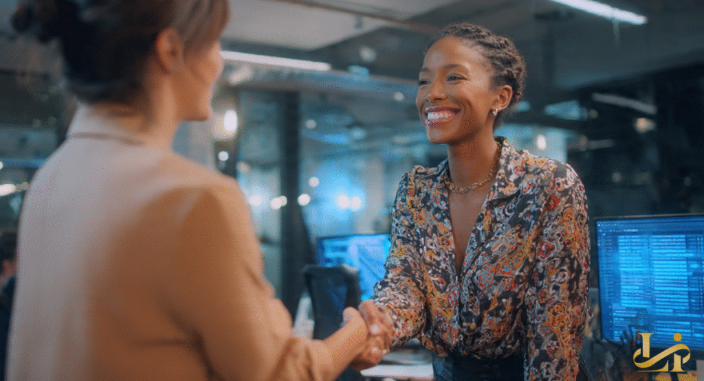 Two professional women share a firm, smiling handshake in a modern, high-tech office environment.