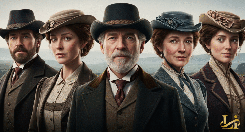 A medium group portrait of five actors in period costume, including top hats and lace-collared dresses.