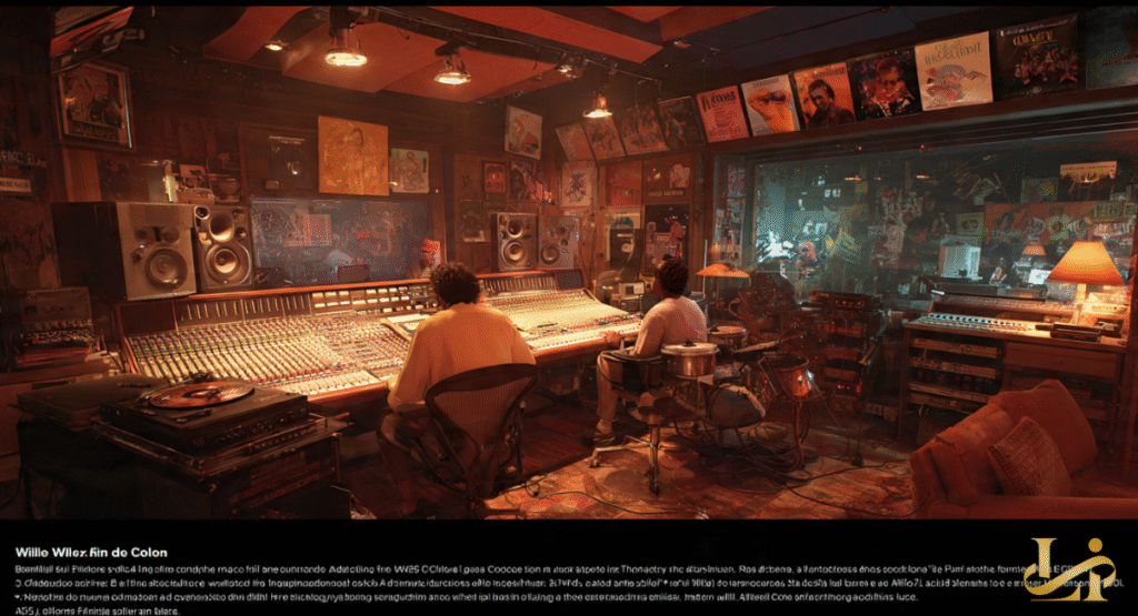 Two individuals, likely engineers or producers, work at a large mixing console in a vintage recording studio, surrounded by sound equipment and music memorabilia. This setup is perfect for crafting iconic salsa albums.