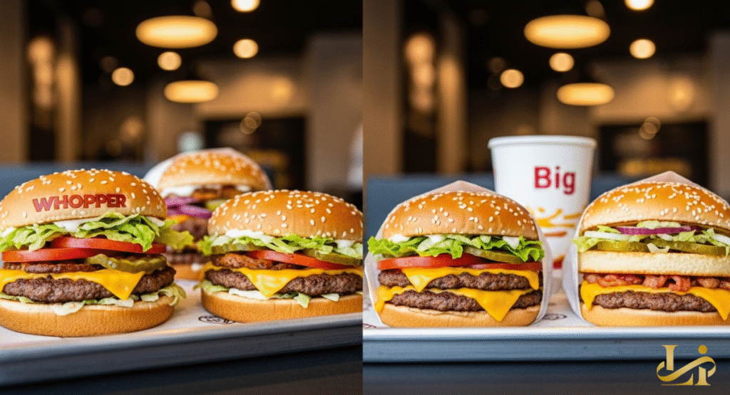 A side-by-side comparison of two burgers, illustrating differences in their buns, lettuce type, and arrangement of fresh toppings like onions and pickles. The visual contrast demonstrates how a new burger version compares to an older iteration.