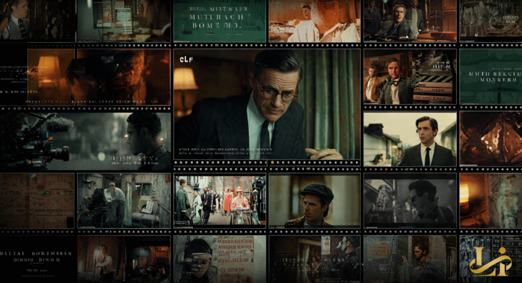 A detailed list of acting credits displayed over a background of various movie posters.