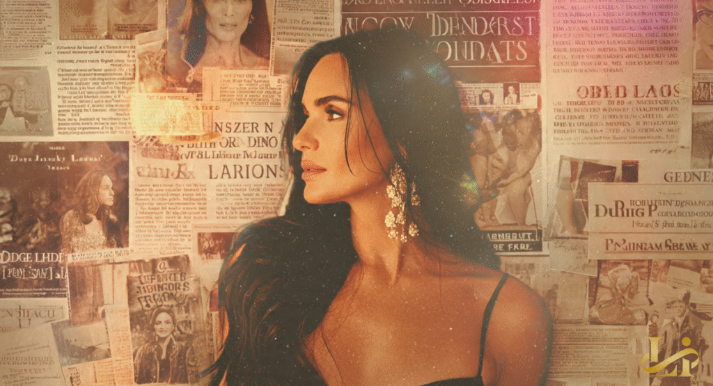 A beautiful woman with long dark hair and striking features looks thoughtfully to the side, against a vintage collage of old newspaper clippings and movie posters. Her elegant pose and the backdrop suggest a rich bibliography of acting credits and a lasting legacy.