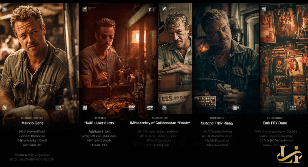 A multi-panel display showcasing various roles of Eric Dane, illustrating his diverse career across different genres and time periods. Each panel presents a distinct character from his filmography.