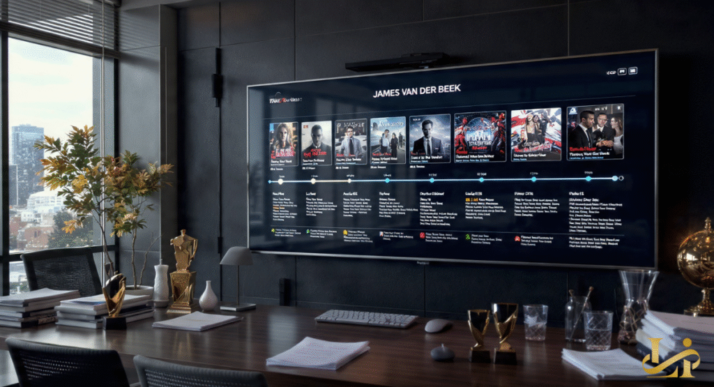 A modern office features a large screen displaying a digital timeline. The timeline lists the various projects and milestones of the actor's life.