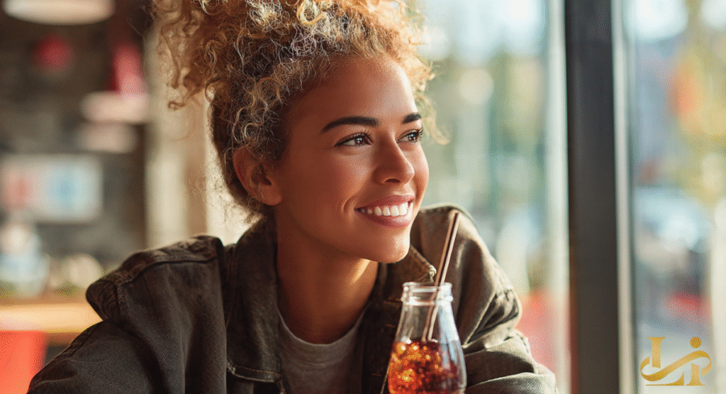 A smiling young woman with curly hair looks out a window while enjoying a cold beverage from a Keurig Dr Pepper product.