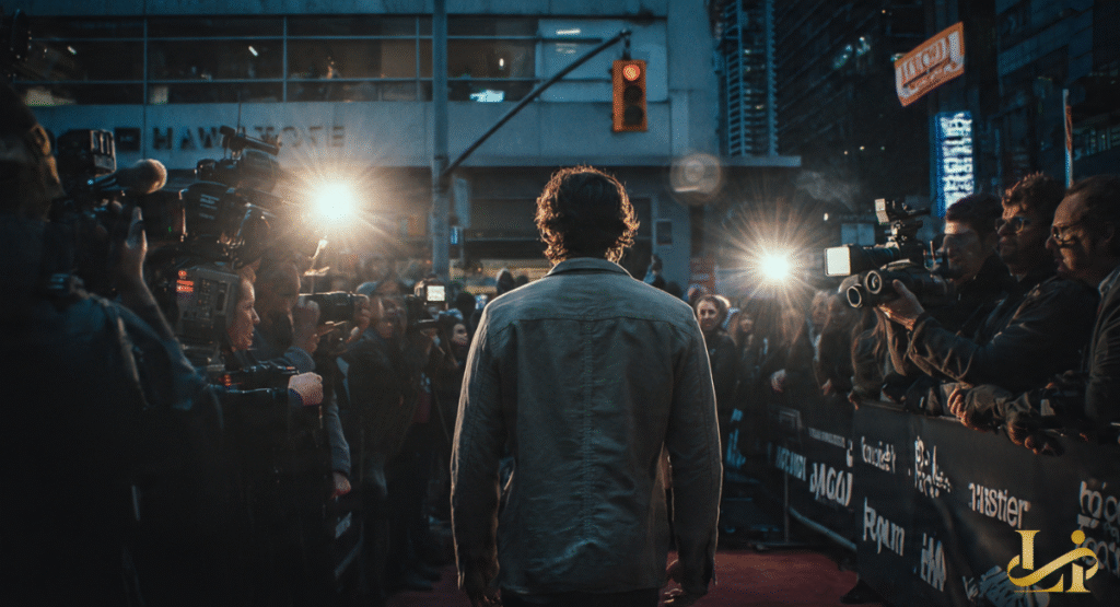 A man seen from behind, walking on a red carpet towards a large crowd and flashing cameras. The bright lights and numerous onlookers emphasize public scrutiny and media attention.