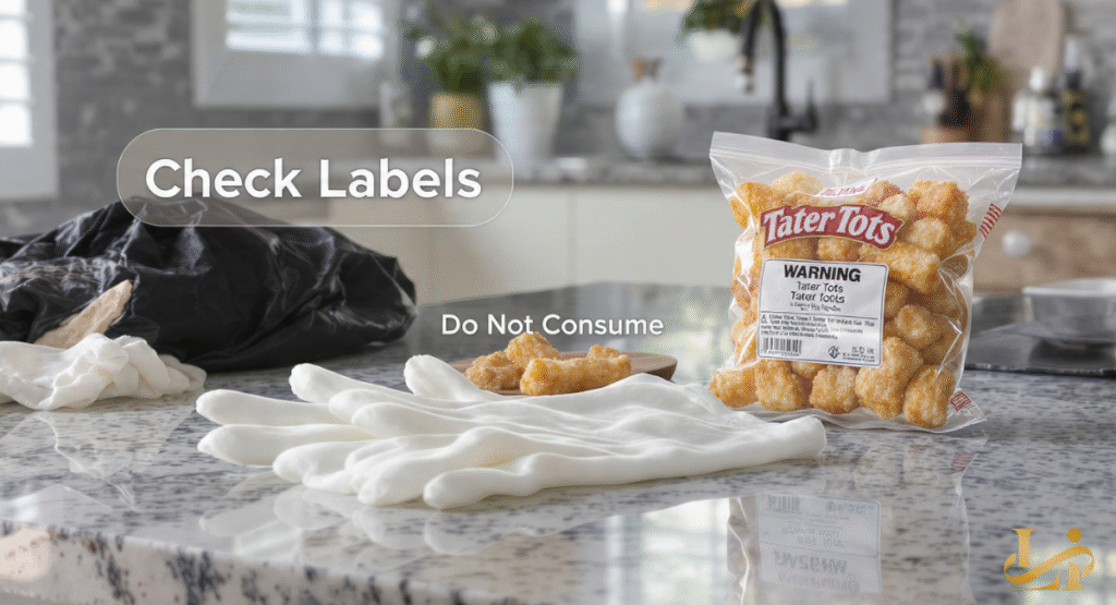 A clear plastic bag of potato tots sits on a kitchen counter next to white safety gloves and a black trash bag. A text overlay reads "Check Labels" and "Do Not Consume" for safety.