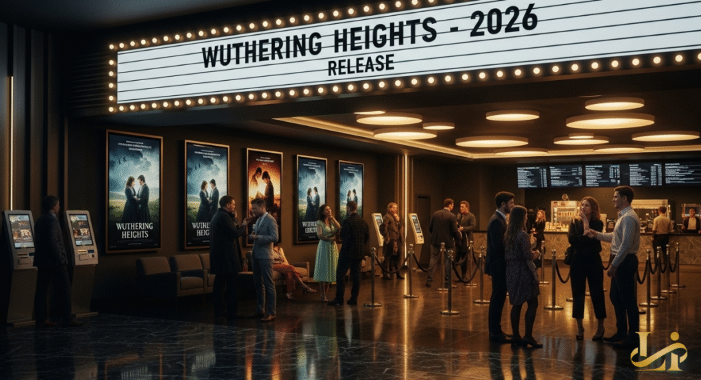A modern cinema lobby with a marquee reading "Wuthering Heights - 2026 Release" above the entrance.