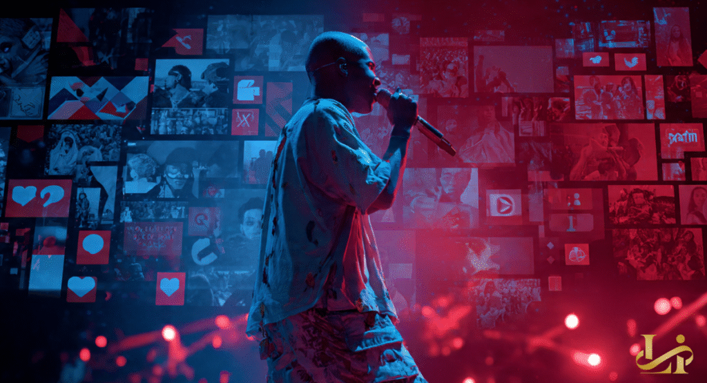 A profile view of a singer on stage against a backdrop of a massive digital collage of video screens.