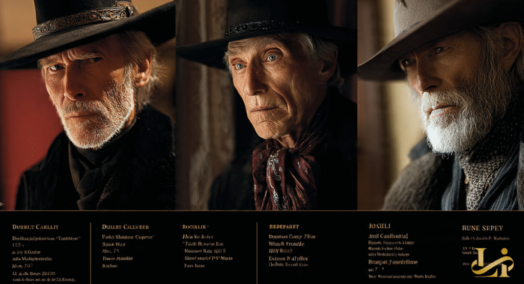 A triptych showing three different views of a weathered cowboy with a grey beard and a wide-brimmed hat, showcasing classic Western character studies.