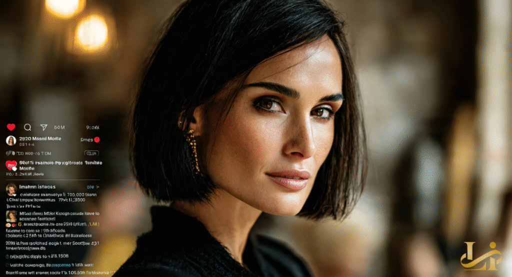 A close-up portrait of Demi Moore with a sleek, dramatic bob haircut, glowing softly against a blurred background. Her confident expression and stylish new look are likely to go viral and capture public attention.