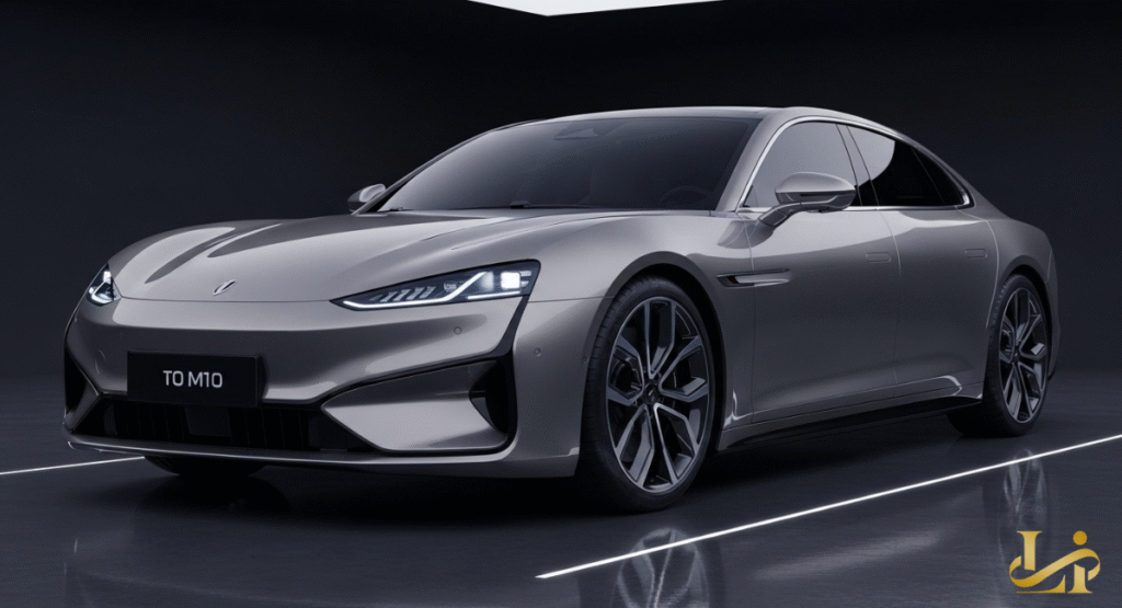 A sleek, metallic grey TO M10 luxury sedan parked in a dark, minimalist studio with glowing floor accents.