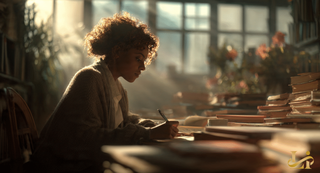 A young woman with curly hair sits at a sunlit desk in a library, diligently writing in a notebook.