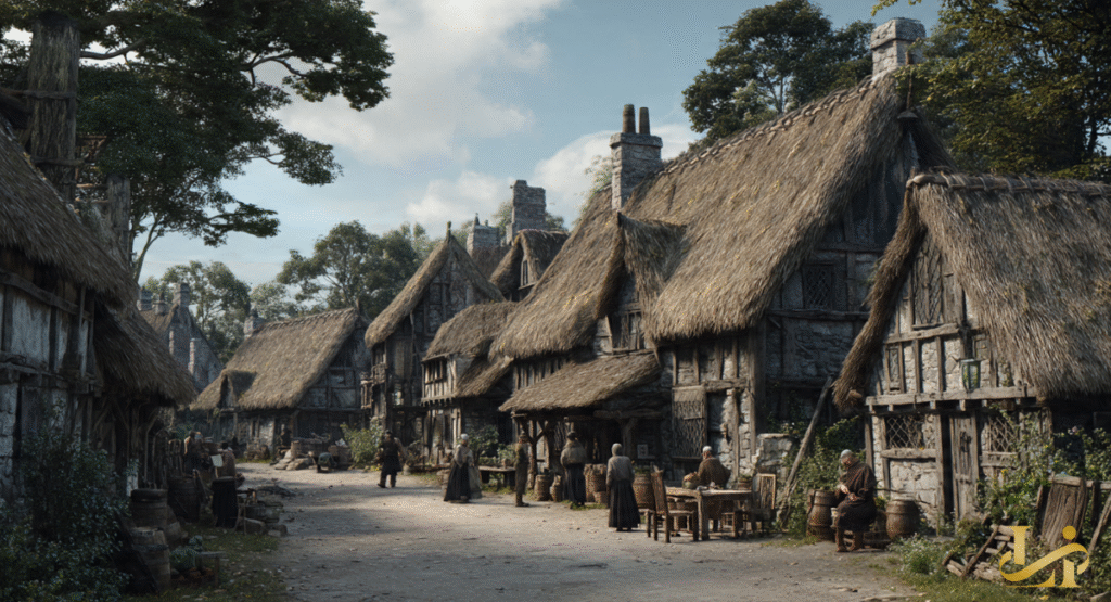 A cinematic recreation of a medieval English village street with thatched-roof stone cottages. Inhabitants in period clothing walk along a dirt path under a bright, cloudy sky.