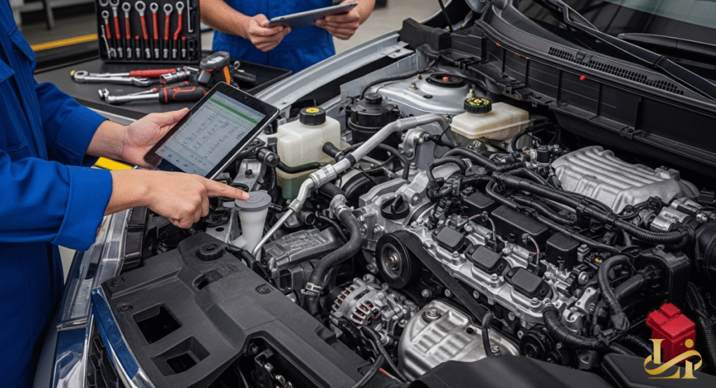 This image captures a white Nissan Rogue in a showroom setting, with multiple individuals examining the vehicle. The presence of warning stickers on the car's exterior implies a focus on recent recall information or safety concerns. The atmosphere suggests a detailed conversation about the car's condition.