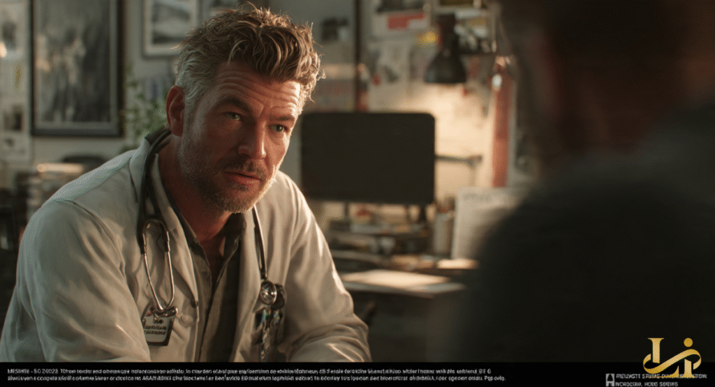 Eric Dane, with a serious and concerned expression, sits as a doctor in a well-lit office, wearing a white lab coat and a stethoscope. He appears to be engaged in a deep conversation with an unseen patient.
