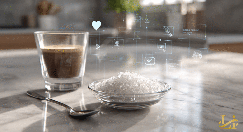 A glass of coffee sits next to a small bowl of white erythritol sweetener granules on a marble countertop. Digital icons representing heart health and scientific data hover above the bowl in a bright, modern kitchen setting.