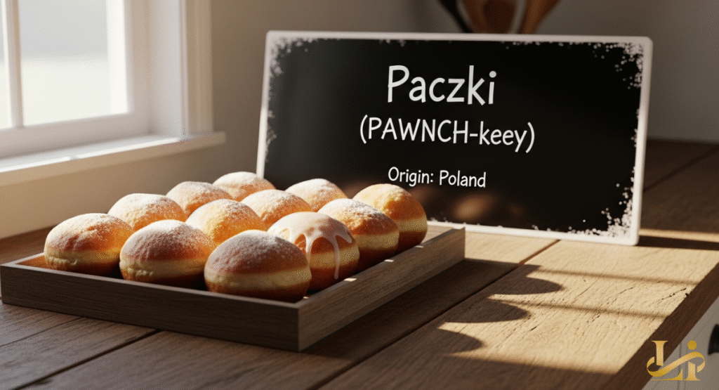 A tray of powdered and glazed paczki rests on a rustic wooden countertop, beside a blackboard defining Paczki Day. The sign explains "Paczki (PAWNCH-kee)" and notes its origin in Poland, bathed in warm sunlight.