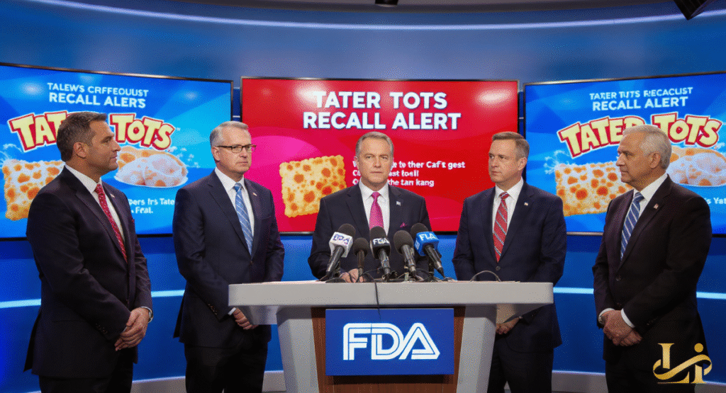 Five officials stand behind a podium labeled with the FDA logo during a televised news segment. Multiple screens in the background display Tater Tots Recall Alert to inform the public about safety risks.