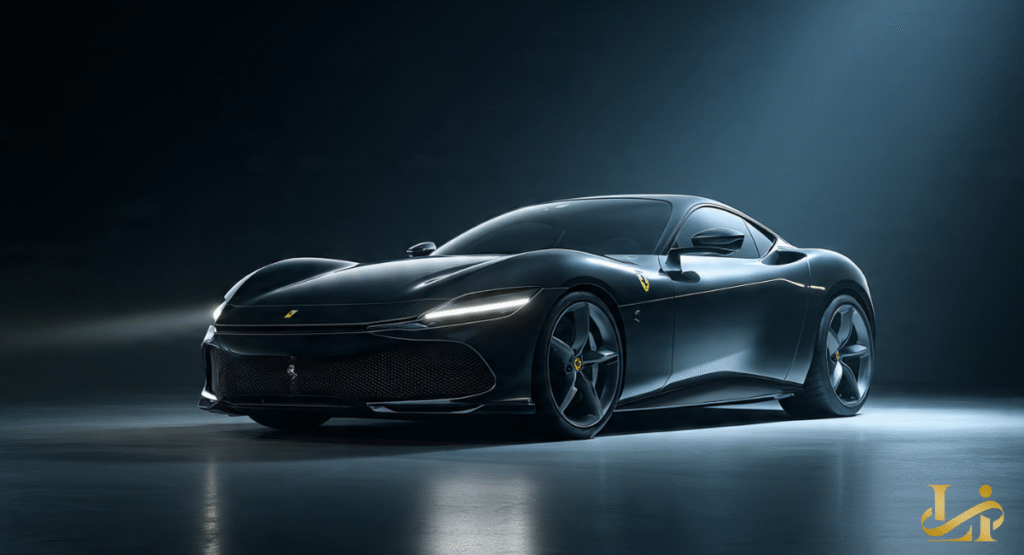 A dark, matte-finished Ferrari LUCE stands under a spotlight, revealing sharp LED headlights and an aggressive front grille.