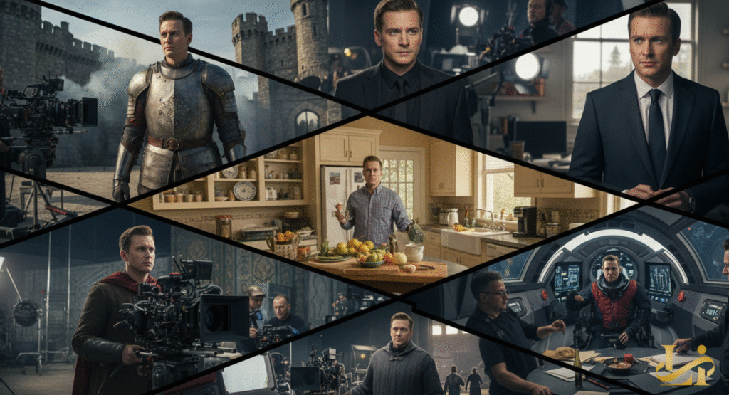 A collage of various acting roles including a knight in armor and a man in a cockpit. The diverse images showcase a wide range of genres and characters.