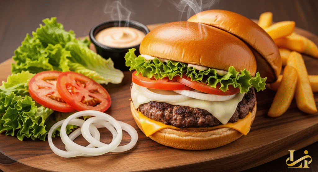 A steaming burger served on a wooden board with a side of fresh lettuce, tomato, onion rings, and a dipping sauce. The presentation highlights the freshness and quality of ingredients, inviting final thoughts on its appeal.