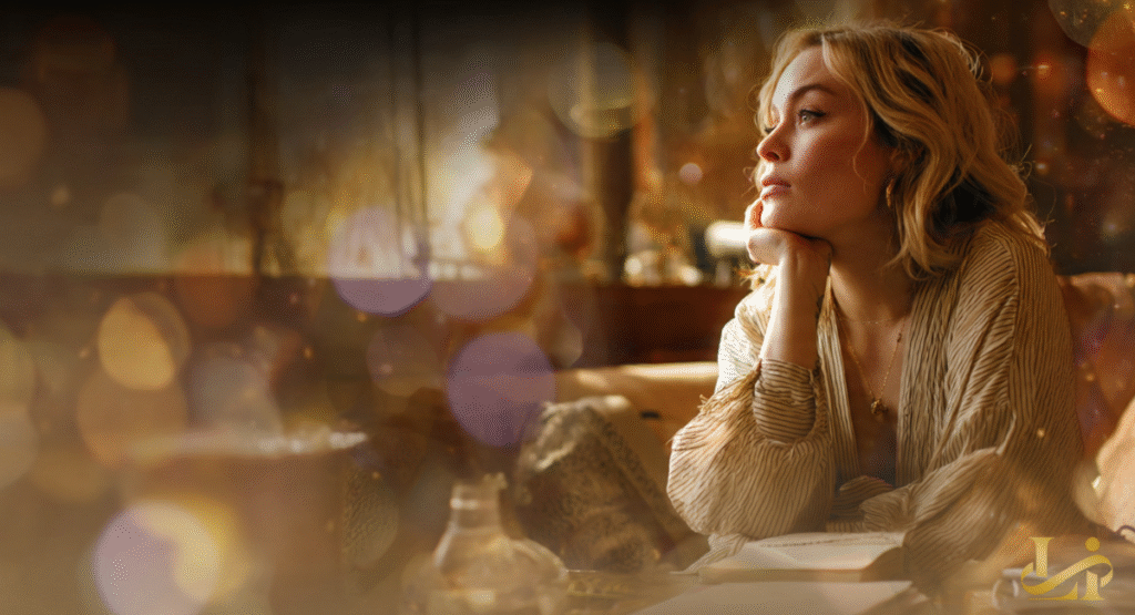A woman with blonde hair rests her chin on her hand in a contemplative, pensive pose. She is seated at a table with a notebook, surrounded by soft, out-of-focus bokeh lights.