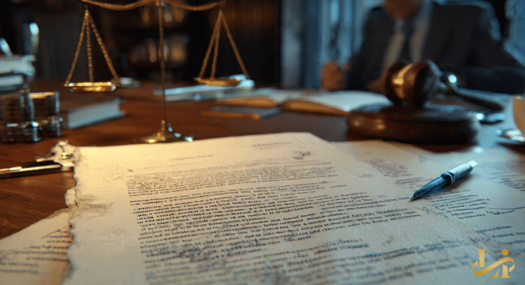 A legal document on a wooden desk with a quill pen, scales of justice, and a gavel in the background. The setting clearly signifies legal proceedings and potential disputes.