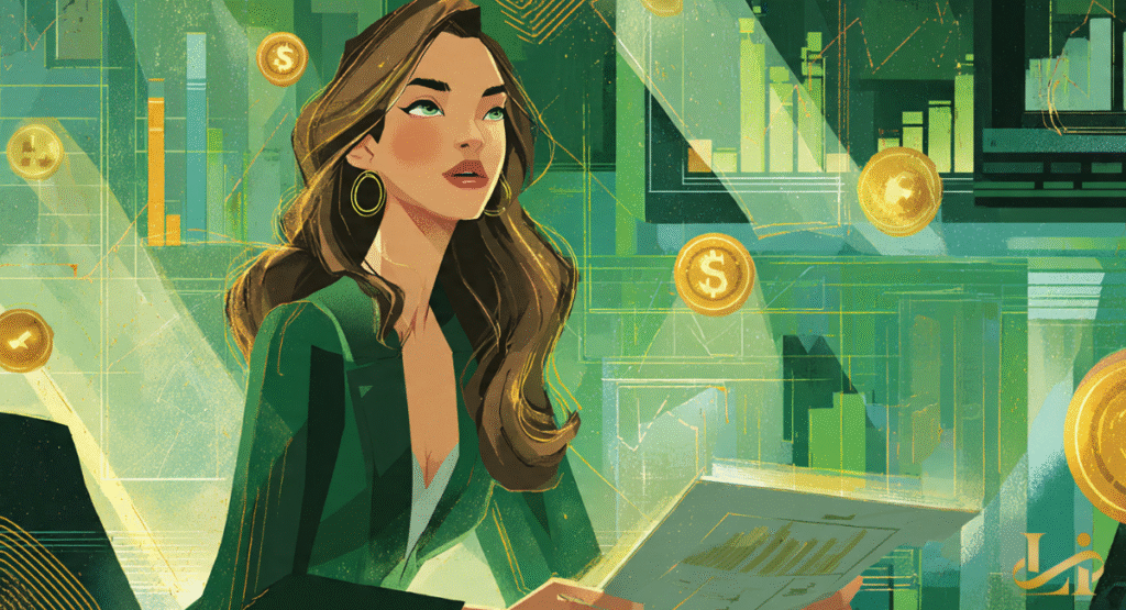 A stylized digital illustration of a businesswoman in a green suit surrounded by rising stock charts and gold coins. The artwork represents the intersection of creative talent and savvy financial entrepreneurship.