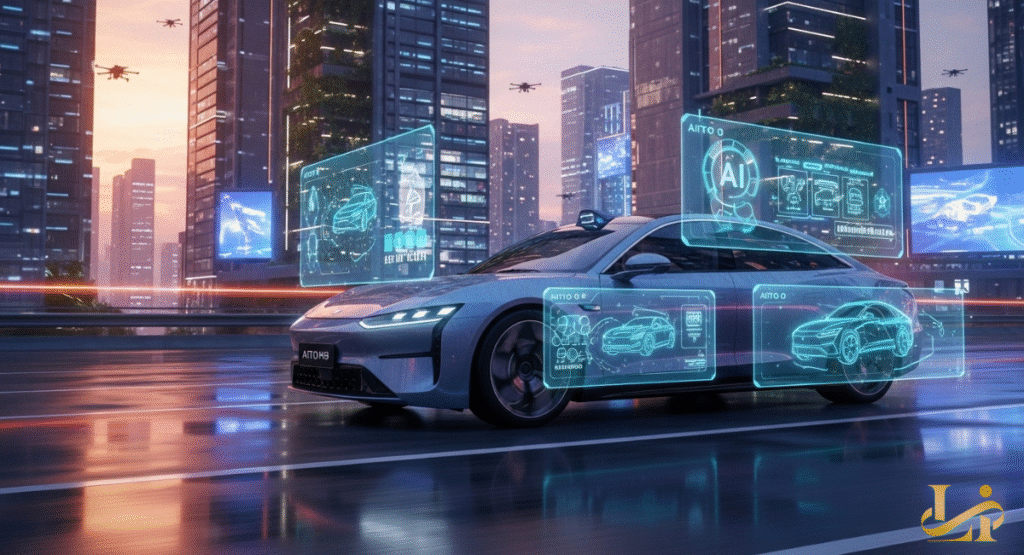 An AITO M8 electric car driving through a futuristic neon city with holographic data screens floating around it.