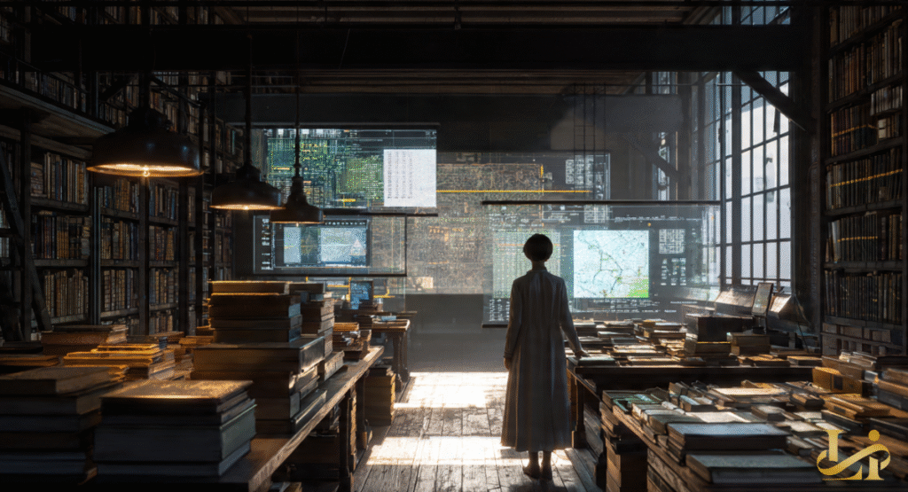 A woman stands in a vast, dark library filled with stacks of old books and glowing digital screens. The screens display complex genealogical maps and historical data.
