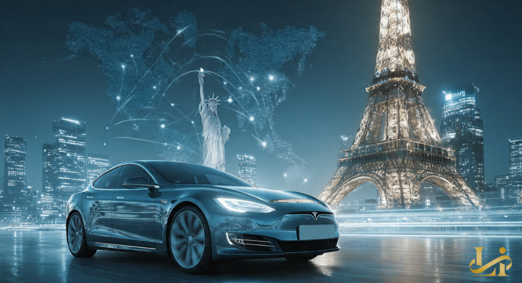 A world map with highlighted regions showing the expansion of the Supercharger network in 2026. Icons represent key markets across North America, Europe, and the rapidly growing Asia-Pacific region.