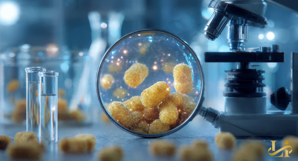A magnifying glass and microscope focus on several golden-brown tater tots in a sterile laboratory environment. Scientific equipment and test tubes surround the food samples for contamination testing.