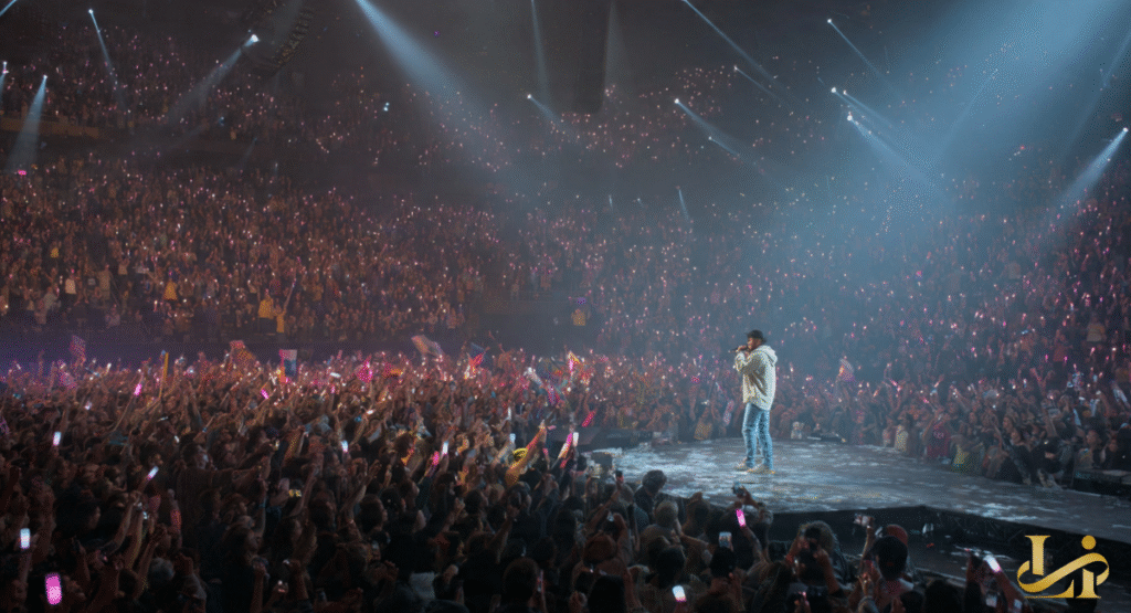 A wide shot of a performer on a walkway in the middle of a vast arena filled with thousands of glowing lights.
