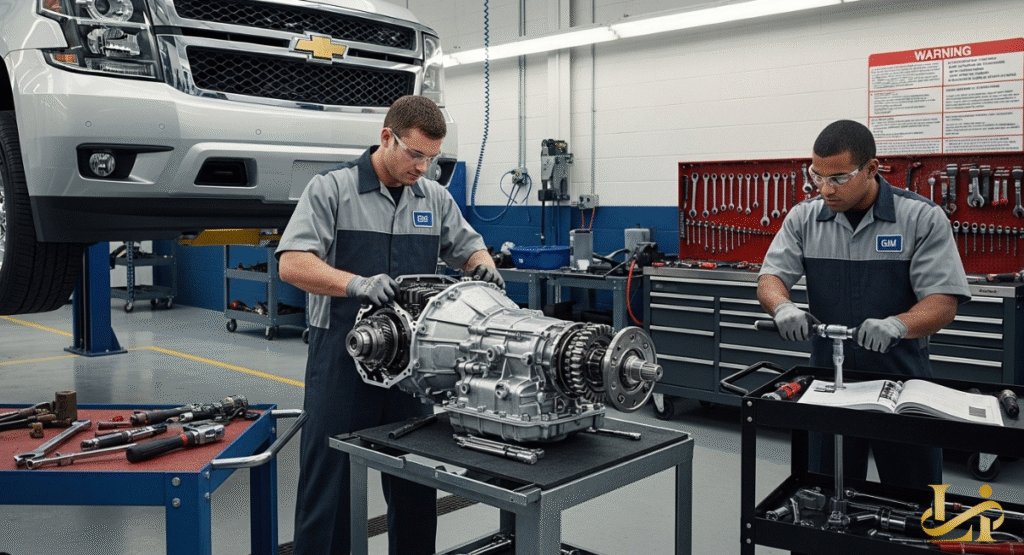 Two mechanics in uniform are meticulously working on a large automotive transmission assembly in a well-lit garage, with a raised vehicle visible in the background. Their focused attention on the complex component indicates specialized repair work for a vehicle issue.