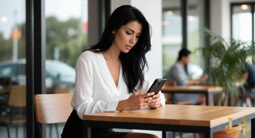 A high-resolution photograph of a woman with long black hair wearing a white V-neck blouse, sitting at a wooden cafe table and focused intently on her smartphone.