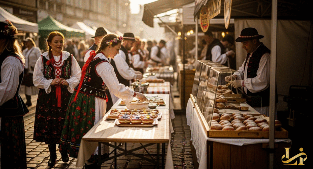 People in traditional Polish folk costumes interact at an outdoor market filled with food stalls. They are selecting and preparing various pastries, including paczki, under a clear sky.