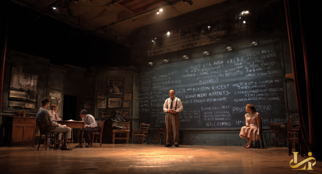 A wide shot of a stage play setting where a young man in a white shirt and suspenders stands center stage, representing Robert Duvall’s early career.