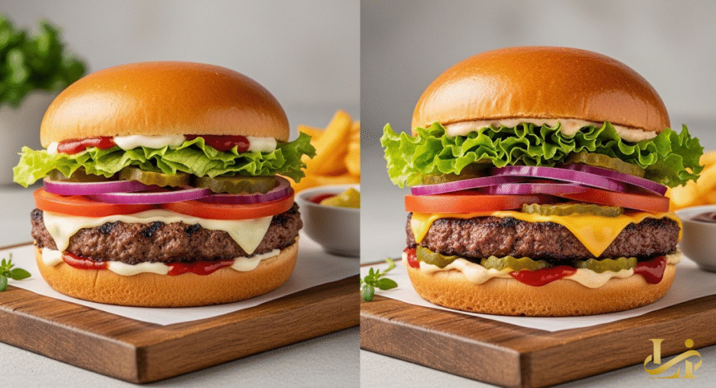 split image showing two different premium burgers side-by-side, each featuring fresh vegetables, melted cheese, and a juicy patty. The comparison highlights the subtle distinctions in ingredients and preparation that define premium upgrades.
