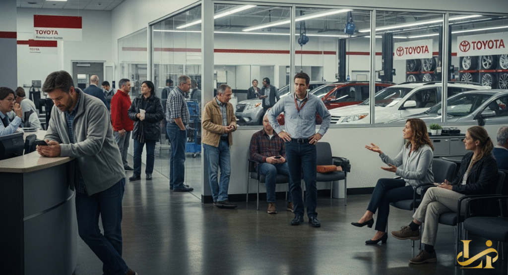 A mother checking the rear door of her white hybrid hatchback while her child sits safely in a car seat inside.