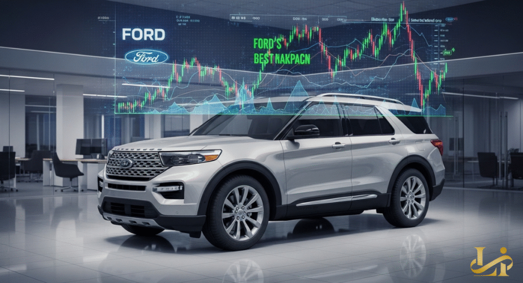 A silver Ford Explorer SUV is displayed in a modern office setting, with a large holographic stock chart for "FORD" showing volatile market performance. The visual connects the vehicle directly to its potential impact on the company's stock price.